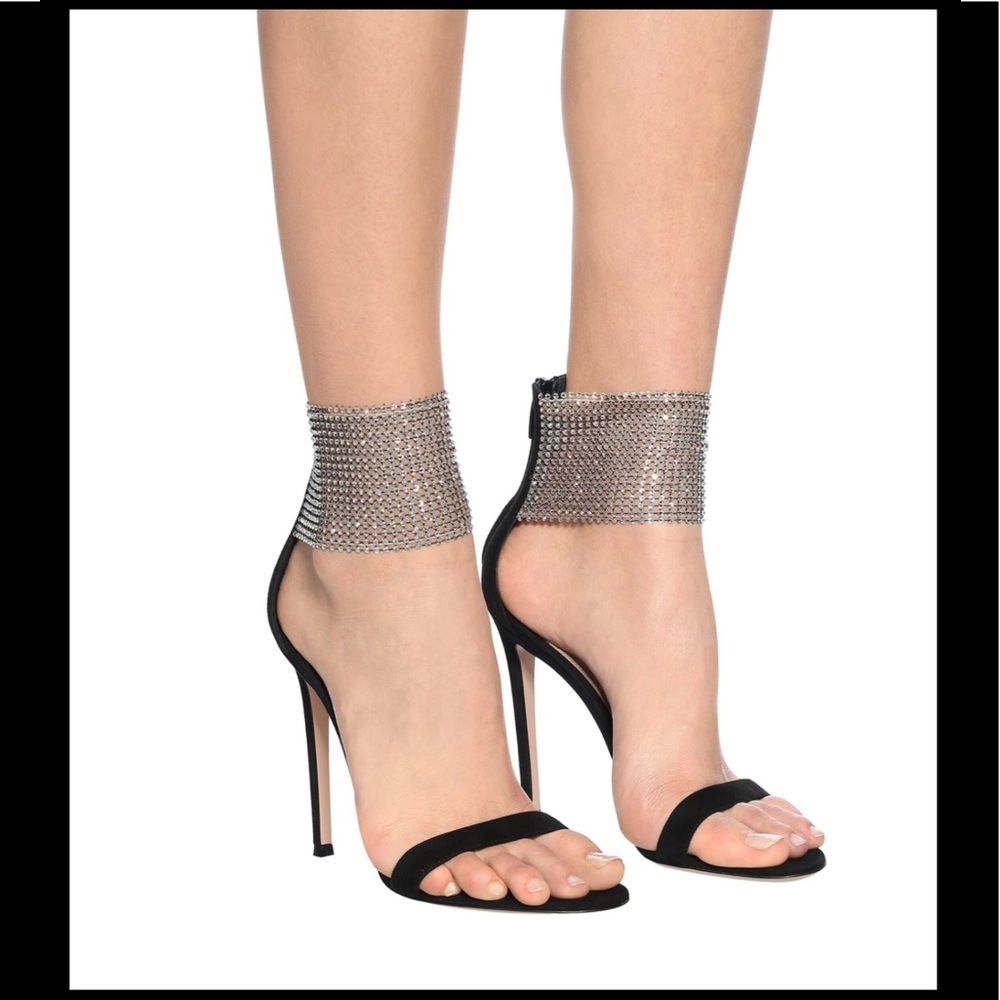 Gianvito Rossi Women's Black Adore 110 Embellished Suede Sandals Size 38.5
